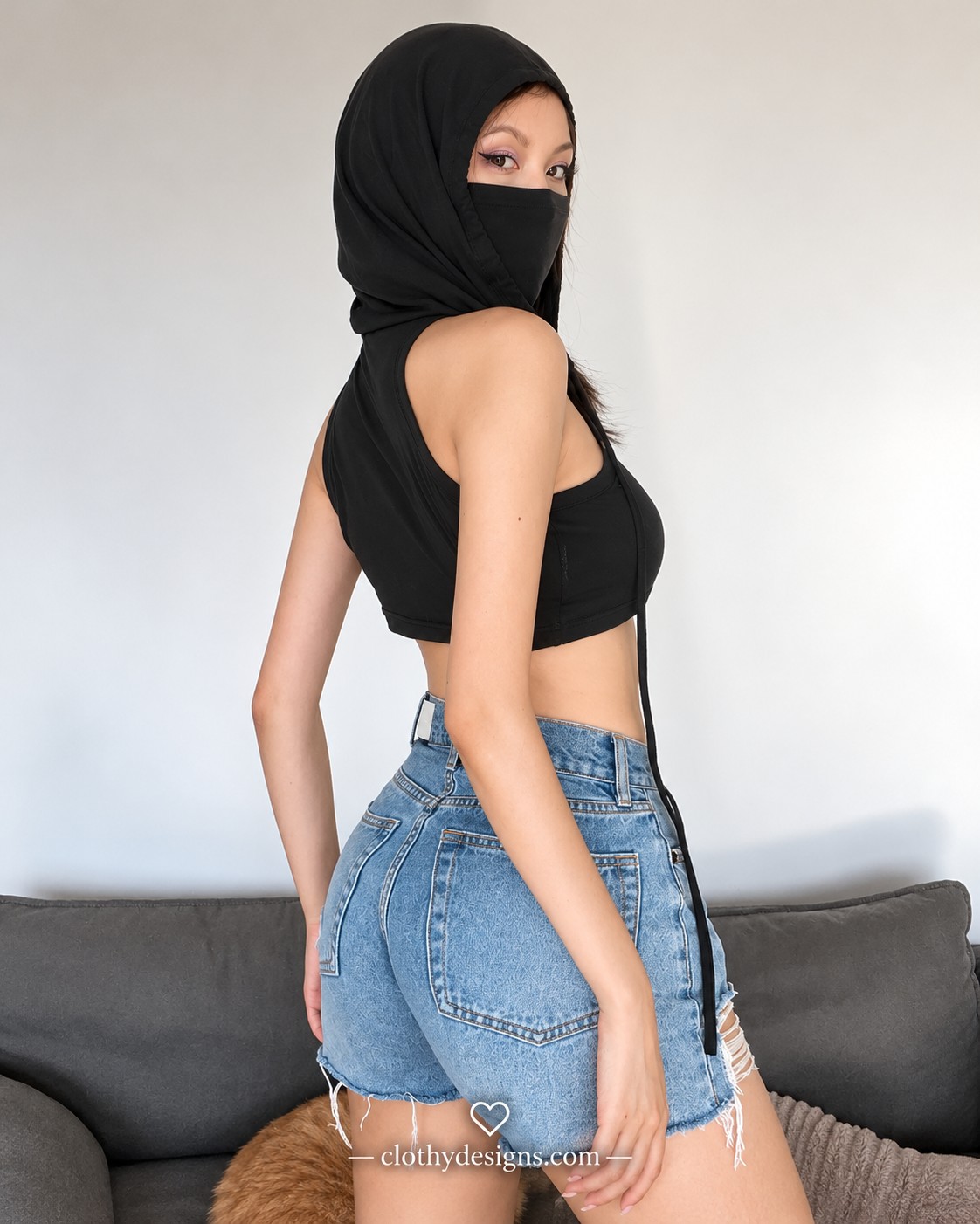 Women's Futuristic Hooded Balaclava Crop Top – Sleeveless Cross-Wrap Camisole, Sexy Techwear Streetwear